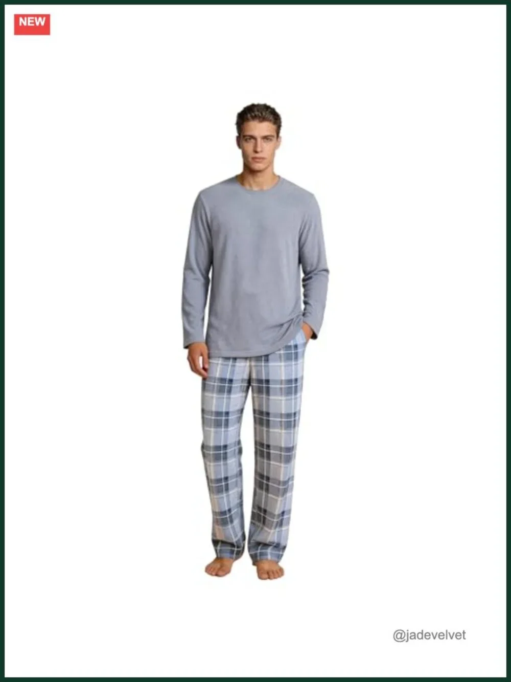 Soft Cozy Long Sleeve Crewneck Pajama Set with Pockets Plaid Pants Loungewear